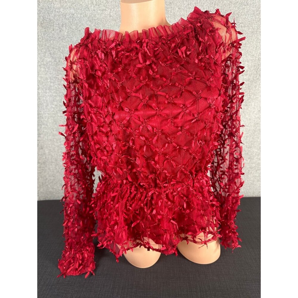 Vintage Debbie Shuchat Medium Blouse Redā Textured Long Sleeve 90s Elastic Waist